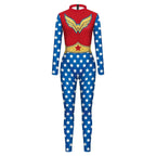 Superhero Wonder Woman Cosplay Costume Halloween Printed Jumpsuit Slim Fit Long Sleeve Party Outfit for Women - Azufun