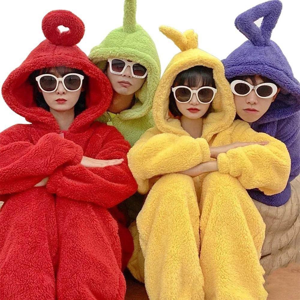 Teletubbies Tinky Winky Dipsy Po Laa-Laa Coral Fleece Onesies Pajamas for Adults Kids - Azufun